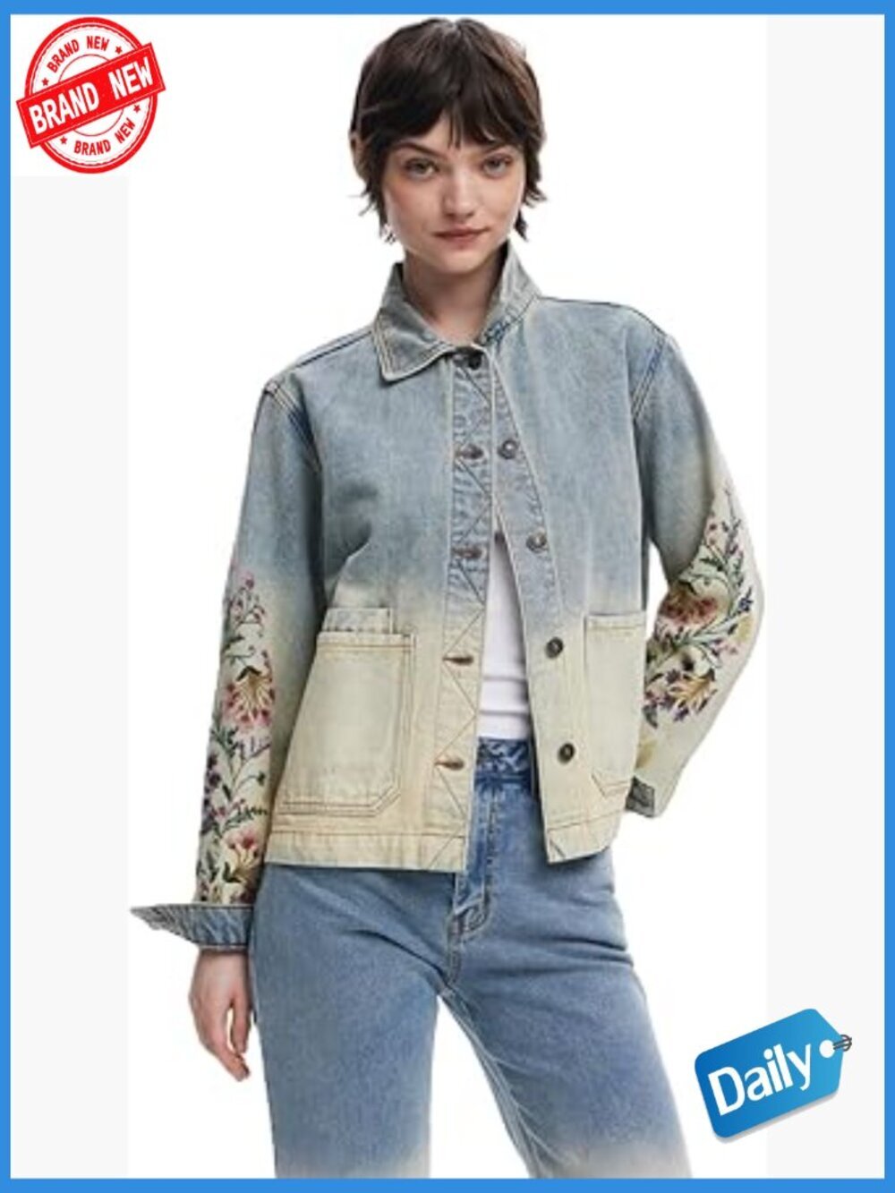 Women's Floral Denim Jacket with Button Closure
